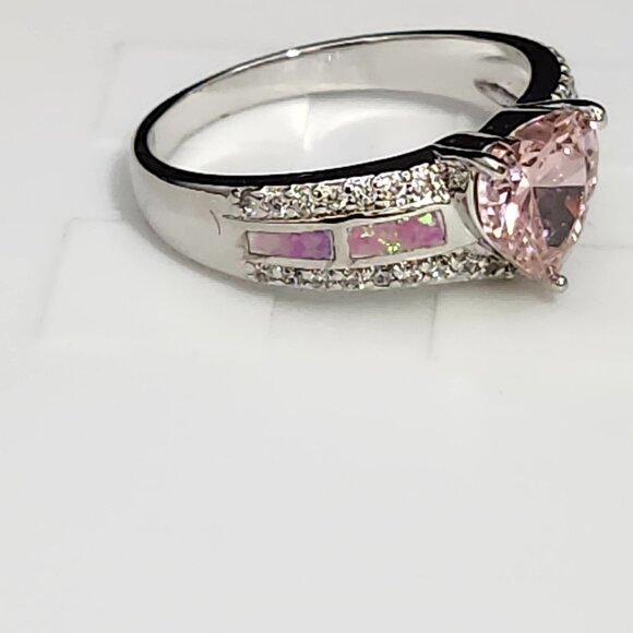 Fashion Jewelry Pink Heart CZ Ring Synthetic Opal Oval Silver Tone Size 9 NOS - Picture 7 of 10